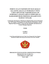 Image of PERENCANAAN PARTISIPATIF MASYARAKAT
DALAM PELAKSANAAN PEMILIHAN UMUM 
TAHUN 2019 (STUDI: PARTISIPASI DALAM 
PEMILIHAN ANGGOTA DEWAN PERWAKILAN 
DAERAH REPUBLIK INDONESIA DI KABUPATEN 
MAMUJU TENGAH)